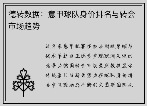 德转数据:意甲球队身价排名与转会市场趋势